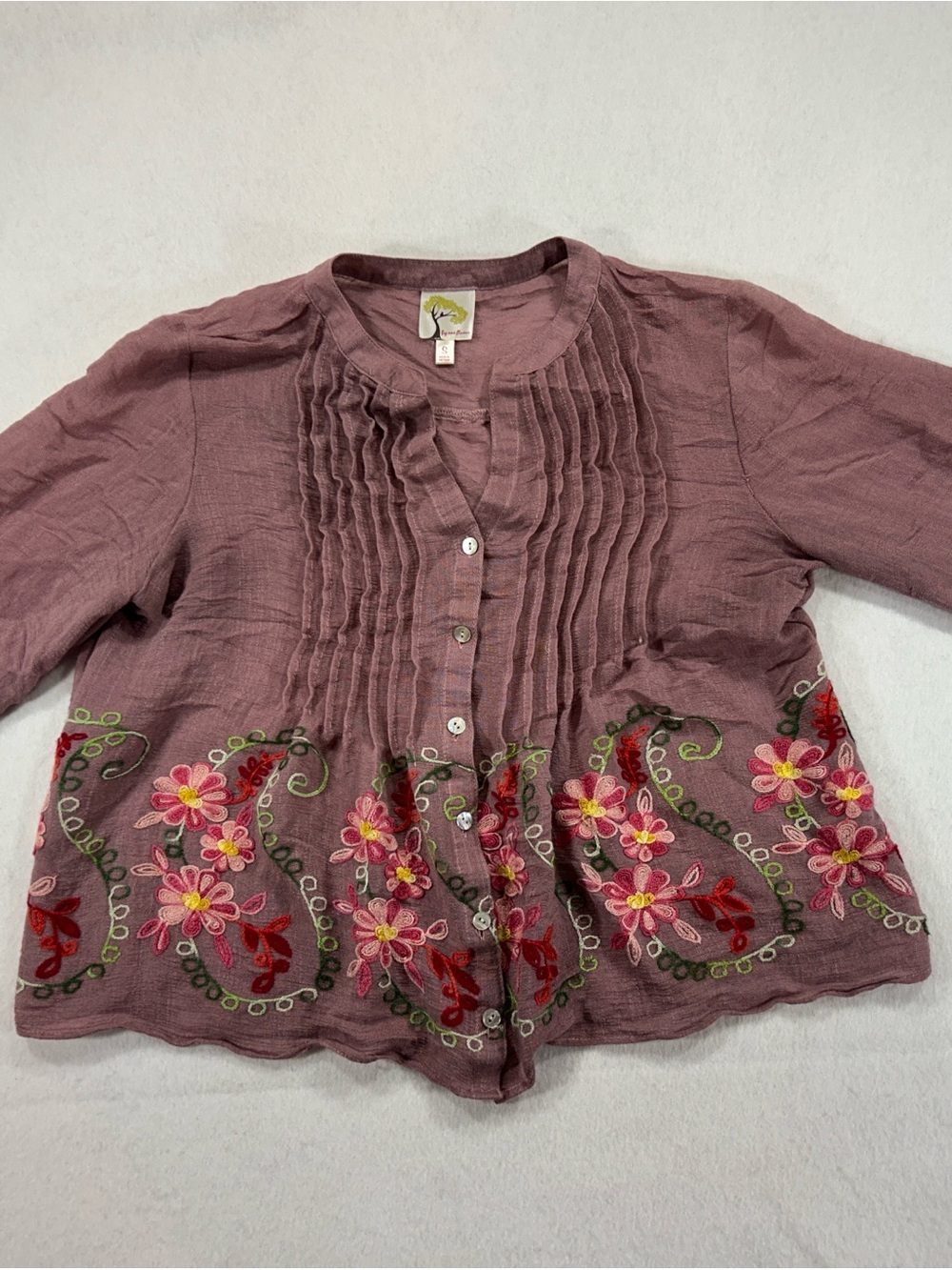 Fig Flower Anthropologie Pink Mauve V Neck Floral Embroidered Top S Fairy Core